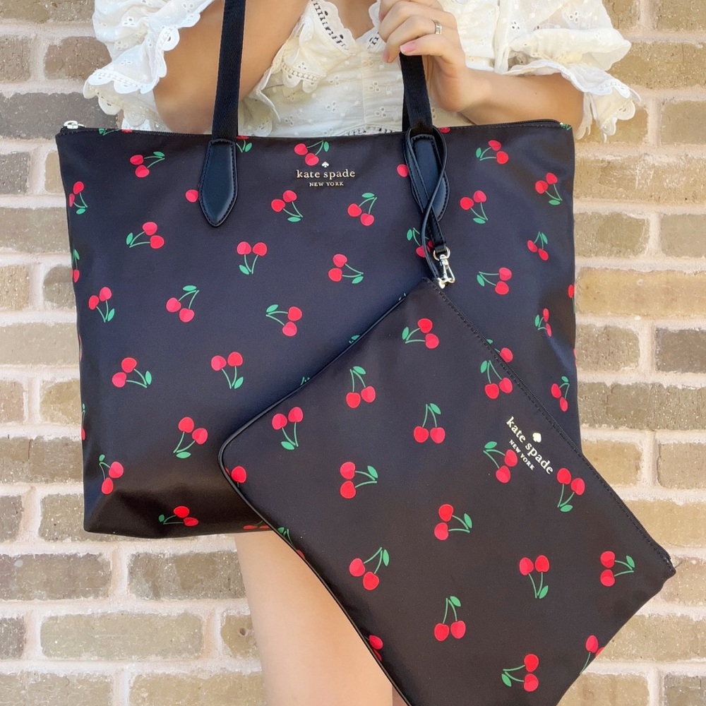Kate Spade Black Cherries print Packable Tote with Wristlet